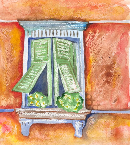 Old window. Watercolor. — Stock Photo, Image