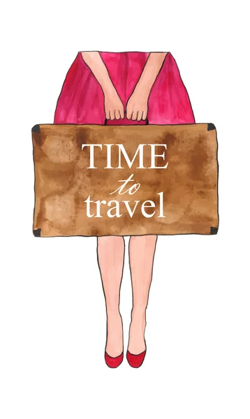 Chica con maleta y tiempo para viajar texto. Acuarela pintada. Vector . — Archivo Imágenes Vectoriales