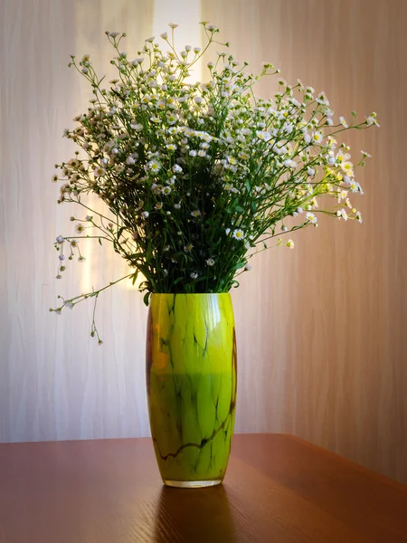 A small bouquet of daisies on wooden table in cafe — Stock Photo, Image