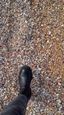 Siyah çizme giyen bir kadın, deniz kabuğu ve küçük deniz kabuğu parçalarıyla kaplı bir sahil boyunca yürüyor. Doğal kıyı dokusuna sahip minimum seyahat tarzı sahnesi.