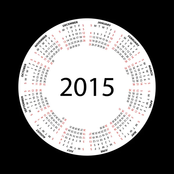 Siyah arka plan üzerinde 2015 yılı için basit yuvarlak takvim. — Stok Vektör