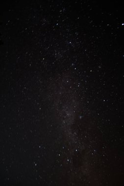 Samanyolu 'nun yıldızlarıyla dolu karanlık gökyüzünün uzun pozlama fotoğrafı ve göl yüzeyine yansıyan bazı bina ışıkları.