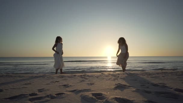 享受你在大自然中的生活吧 两位多种族的女性朋友 在日落或黎明时分手牵着白裙子 在平坦的水面上反射着阳光 从海滨跑到相机前 玩得很开心 — 图库视频影像