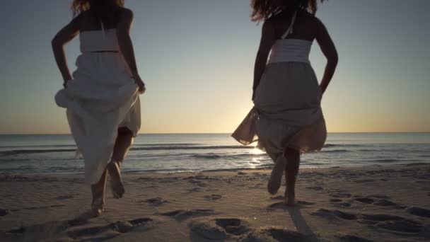 Desfrute Sua Vida Natureza Duas Amigas Multirraciais Divertindo Correndo Praia — Vídeo de Stock