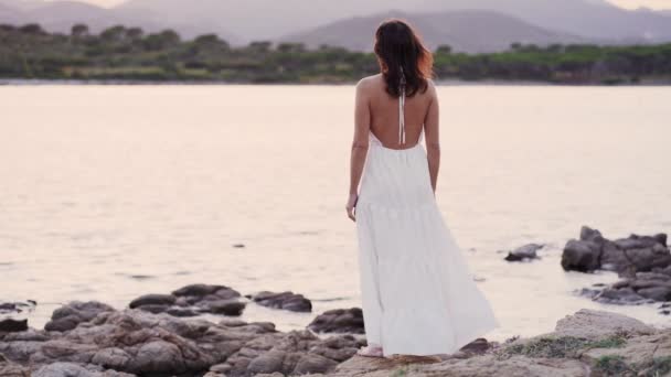 幻想中的景象 一个无法辨认的白人女人站在岩石上凝视着太阳 一个穿着光脚长裙的沉思女性的背影 — 图库视频影像