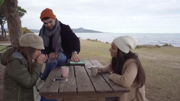 Três Jovens Amigos Mistos Livre Para Férias Inverno Sentado Uma — Vídeo de Stock