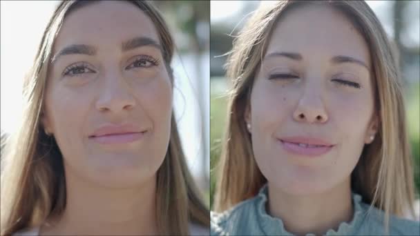 Двоє Поруч Знімків Двох Прекрасних Молодих Кавказьких Жінок Вулиці Дивлячись — стокове відео