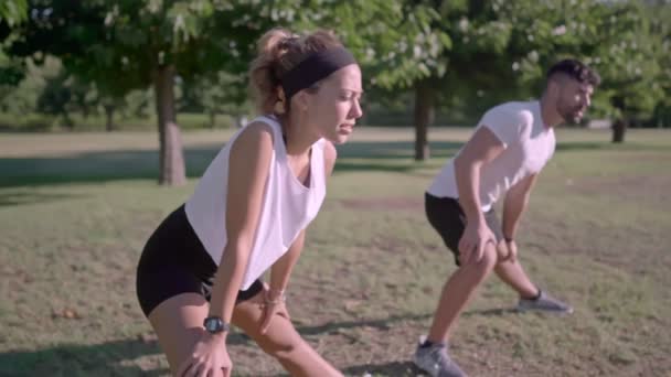 Pareja Caucásica Entrena Césped Del Parque Por Mañana Antes Comenzar — Vídeos de Stock