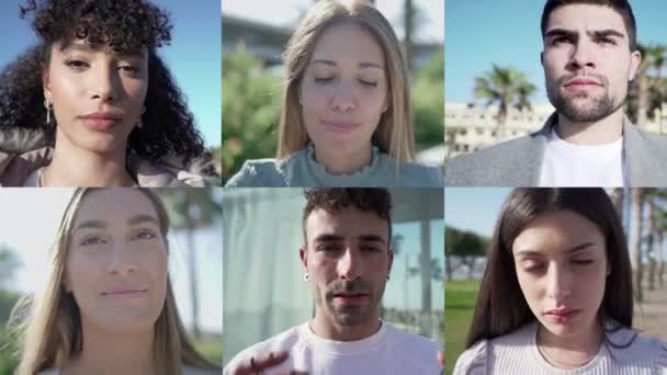 Video Collage Seis Jóvenes Que Agrupan Calle Ciudad Mirando Cámara — Vídeos de Stock