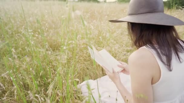 Boho Tarzı Uzun Beyaz Elbiseli Geniş Siyah Şapkalı Çayırda Oturan — Stok video