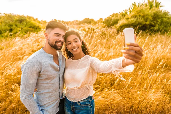 Multiracial Couple Love Having Fun Smartphone Taking Selfie Nature Hispanic — Stock Photo, Image