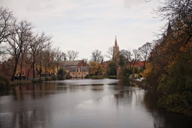 Sonbaharda dökülen yapraklar, ağaçlar ve kanallarla Brüksel 'in güzel bir manzarası.