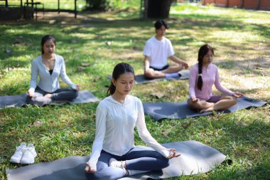 Bir grup arkadaş parkta esniyor, yoga meditasyonu yapıyor..