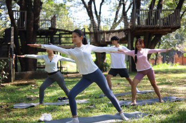 Bir grup arkadaş parkta esniyor, yoga meditasyonu yapıyor..