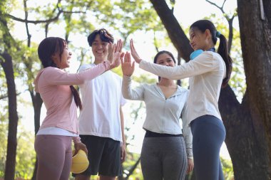 Bir grup arkadaş el ele tutuşuyorlar. Takım çalışması, kutlama ya da başarı konsepti.