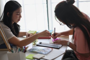 Ev ödevlerini birlikte yapan kız öğrenciler..