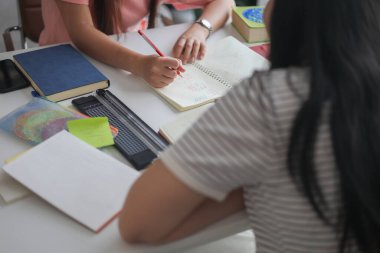 İki kadın öğrenci birlikte ödev yapıyor.