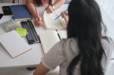 İki kadın öğrenci birlikte ödev yapıyor.