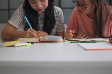 İki genç kız evde ders çalışırken not defterlerine yazıyorlar..