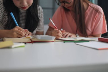 İki genç kız evde ders çalışırken not defterlerine yazıyorlar..