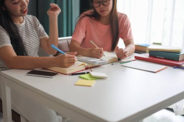 İki genç kız evde ders çalışırken not defterlerine yazıyorlar..