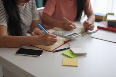 İki genç kız evde ders çalışırken not defterlerine yazıyorlar..