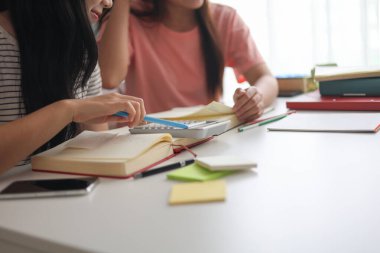 İki kadın öğrenci birlikte ödev yapıyor.