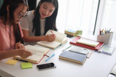 İki kadın öğrenci birlikte ödev yapıyor.