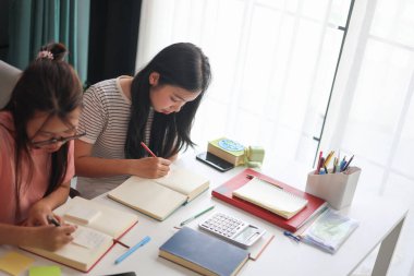 İki genç kız evde ders çalışırken not defterlerine yazıyorlar..