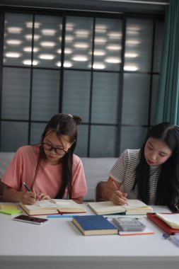 İki genç kız evde ders çalışırken not defterlerine yazıyorlar..