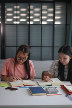 İki genç kız evde ders çalışırken not defterlerine yazıyorlar..