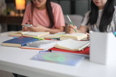 İki kadın öğrenci birlikte ödev yapıyor.