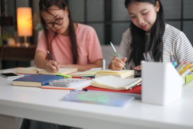 Ev ödevlerini birlikte yapan kız öğrenciler..