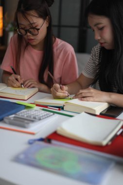 Masada ödev yapan iki kız öğrenci..