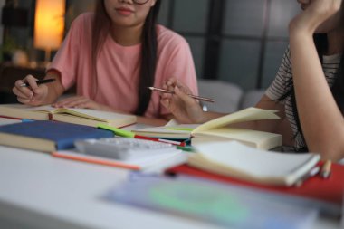 İki kadın öğrenci birlikte ödev yapıyor.