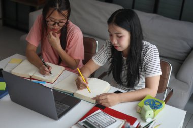 İki kadın öğrenci birlikte ödev yapıyor.