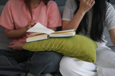 Kanepede kitap okuyan iki kız öğrenci..