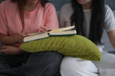 Kanepede kitap okuyan iki kız öğrenci..
