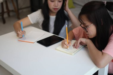 İki genç kız evde ders çalışırken not defterlerine yazıyorlar..