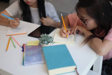 İki genç kız evde ders çalışırken not defterlerine yazıyorlar..