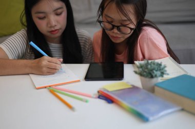 İki kadın öğrenci birlikte ödev yapıyor.