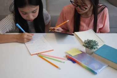 İki genç kız evde ders çalışırken not defterlerine yazıyorlar..