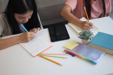 İki genç kız evde ders çalışırken not defterlerine yazıyorlar..