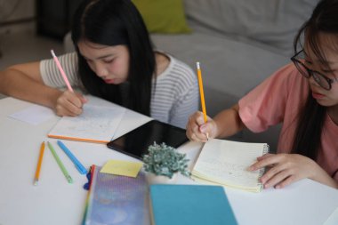 İki genç kız evde ders çalışırken not defterlerine yazıyorlar..