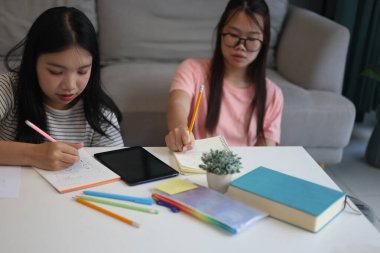 İki genç kız evde ders çalışırken not defterlerine yazıyorlar..