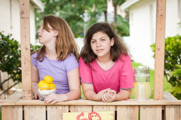 Two bored young girls selling lemonade 스톡 사진