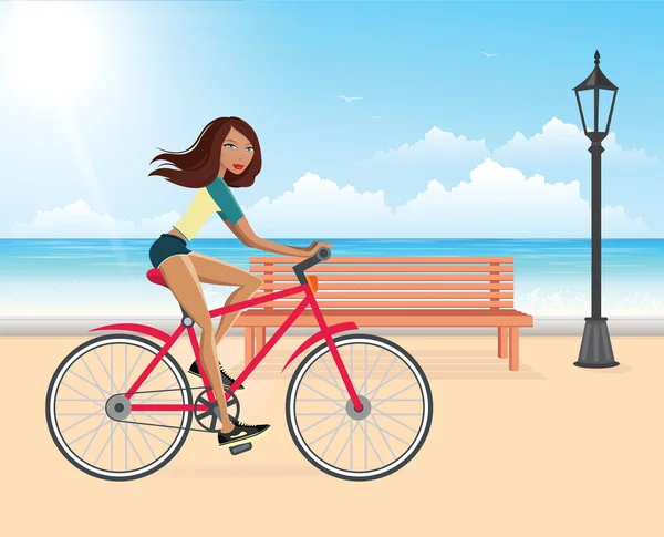 Kerékpározás a tenger mellett, a gyönyörű nő — Stock Vector