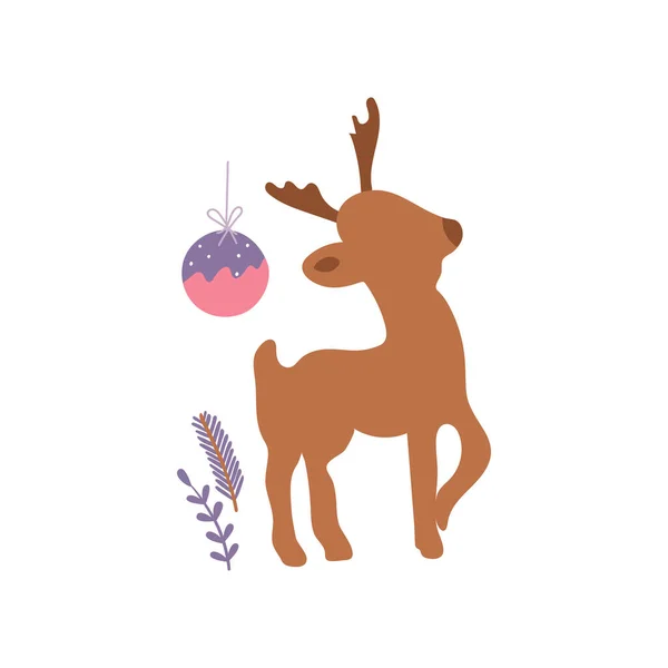 Biglietto natalizio minimalista con renna e palla. Illustrazione vettoriale con motivo invernale — Vettoriale Stock