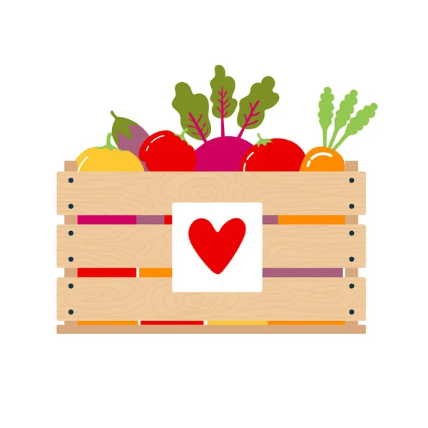 Aliments pour dons de coronavirus. Boîte de don avec cœur. Boîte avec différents légumes. Illustration vectorielle — Image vectorielle