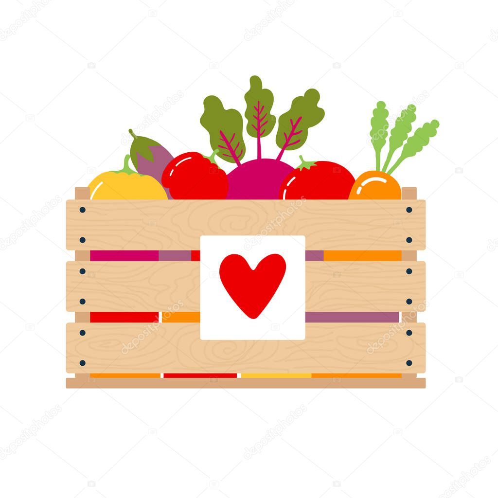 Coronavirus donation food. Donation box with heart. Box with different vegetables. Vector Illustration